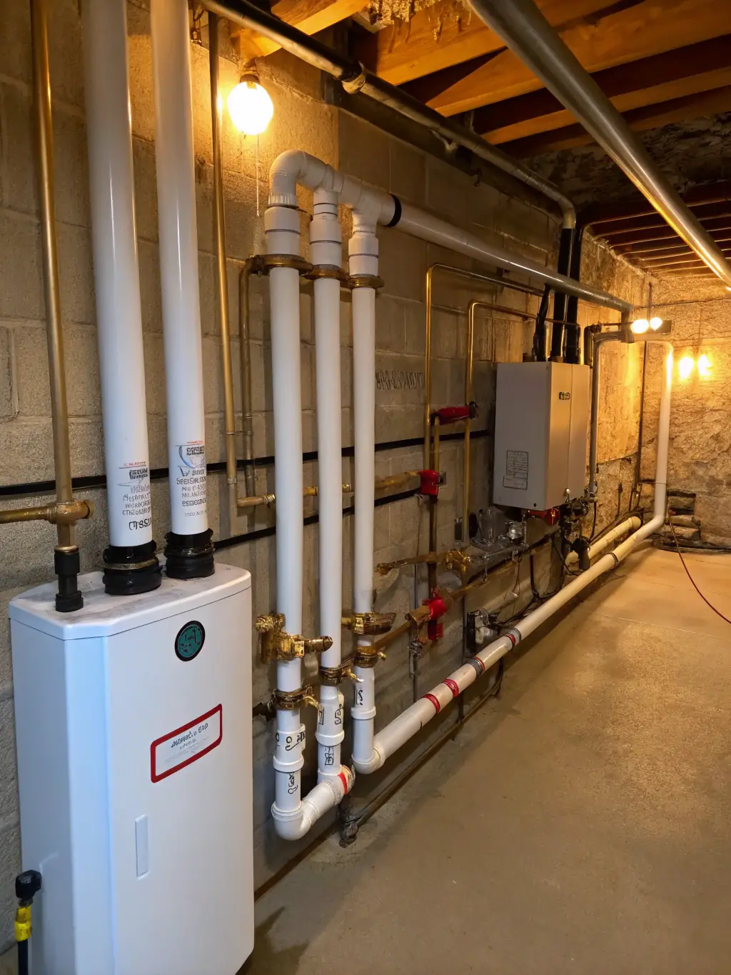 A high-angle, medium shot of a newly installed, code-compliant plumbing system in a multi-family residential building, showcasing the organized layout and quality materials used by Master Built Mechanical Contracting.