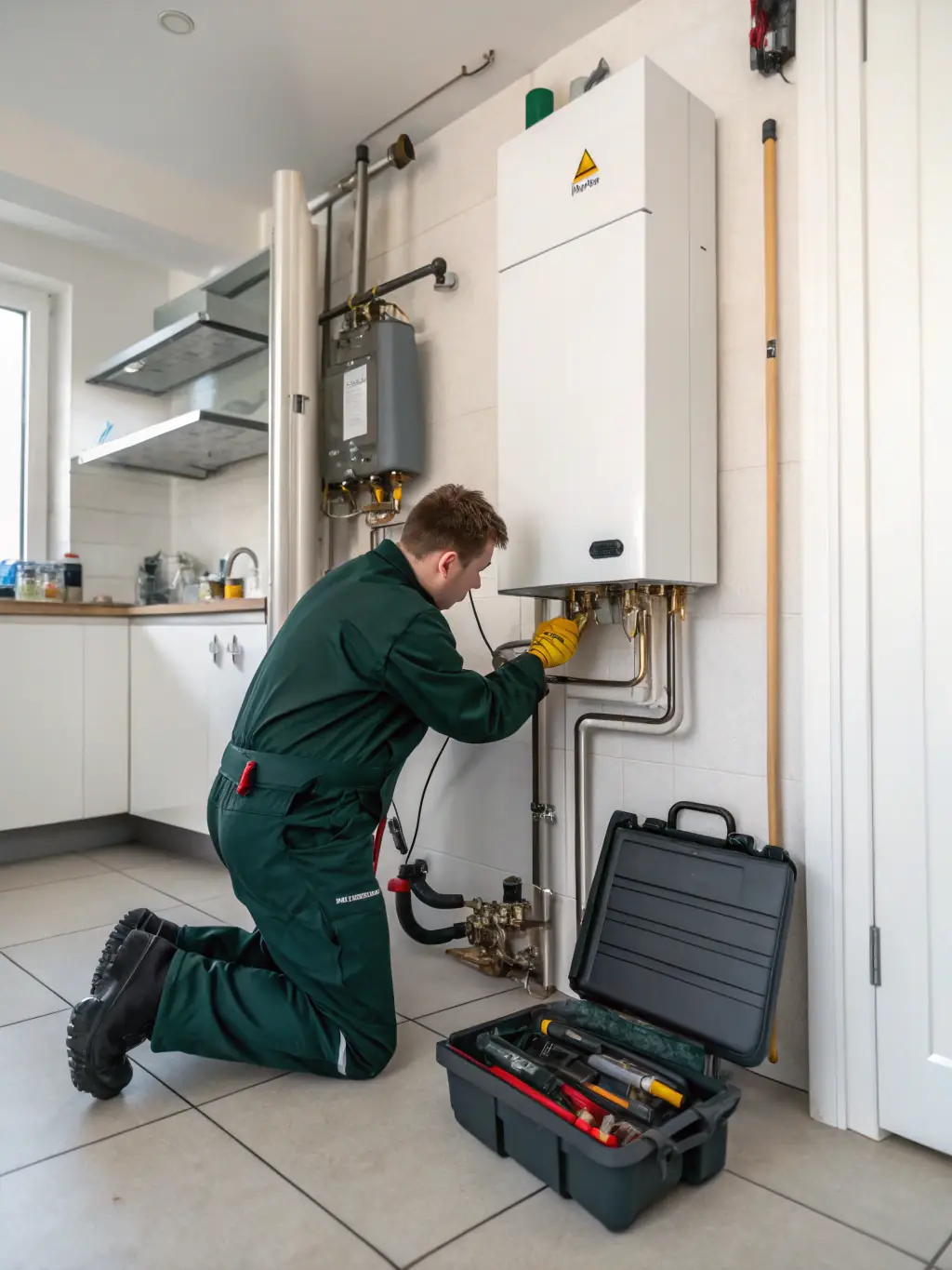 A technician performing routine maintenance on a heating system in a residential building, ensuring optimal performance and preventing costly breakdowns.