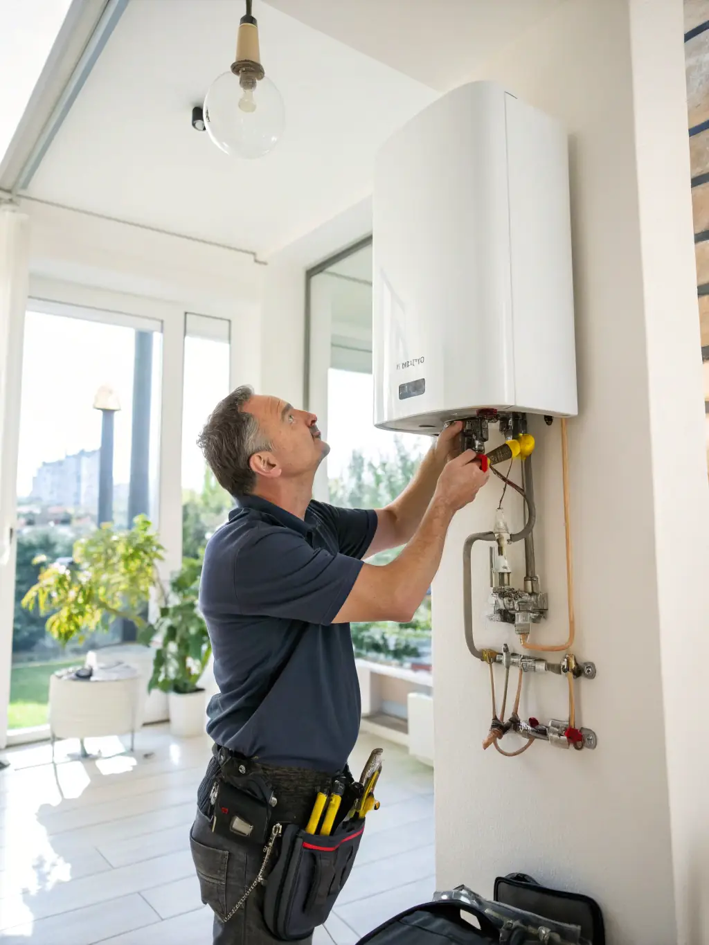 Technicians installing a modern, energy-efficient heating unit in a residential setting, ensuring consistent comfort for residents.