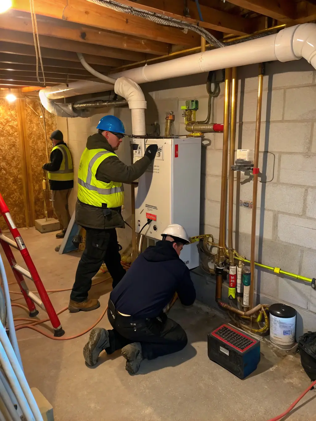 A close-up shot of a technician from Master Built Mechanical Contracting expertly installing a high-efficiency heating system in a new residential construction project.