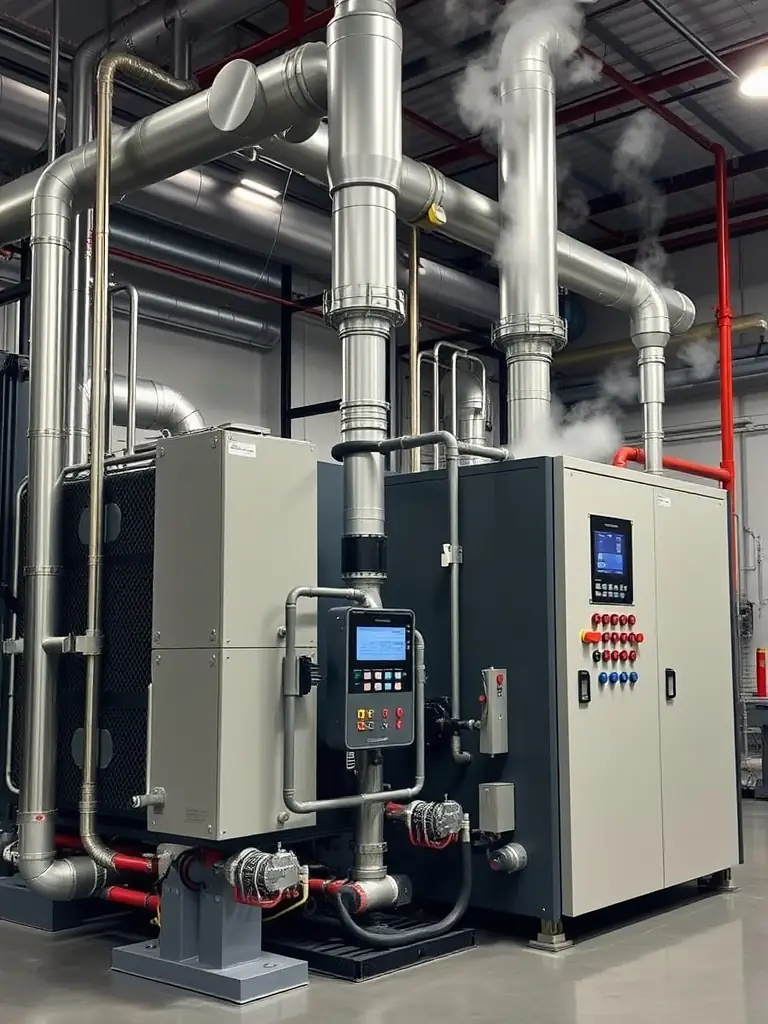 A medium shot of a state-of-the-art boiler room in a new residential complex, showcasing the advanced heating technology installed by Master Built Mechanical Contracting.