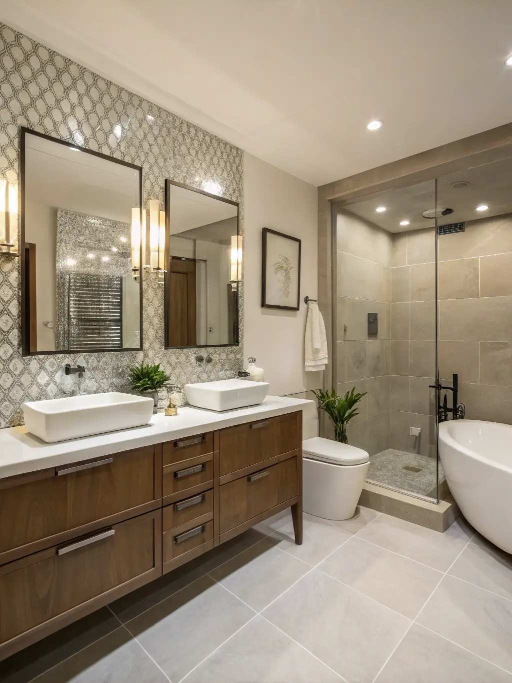 A wide shot of a renovated bathroom in a multi-family unit, featuring updated plumbing fixtures and a modern design, highlighting Master Built Mechanical Contracting's renovation capabilities.